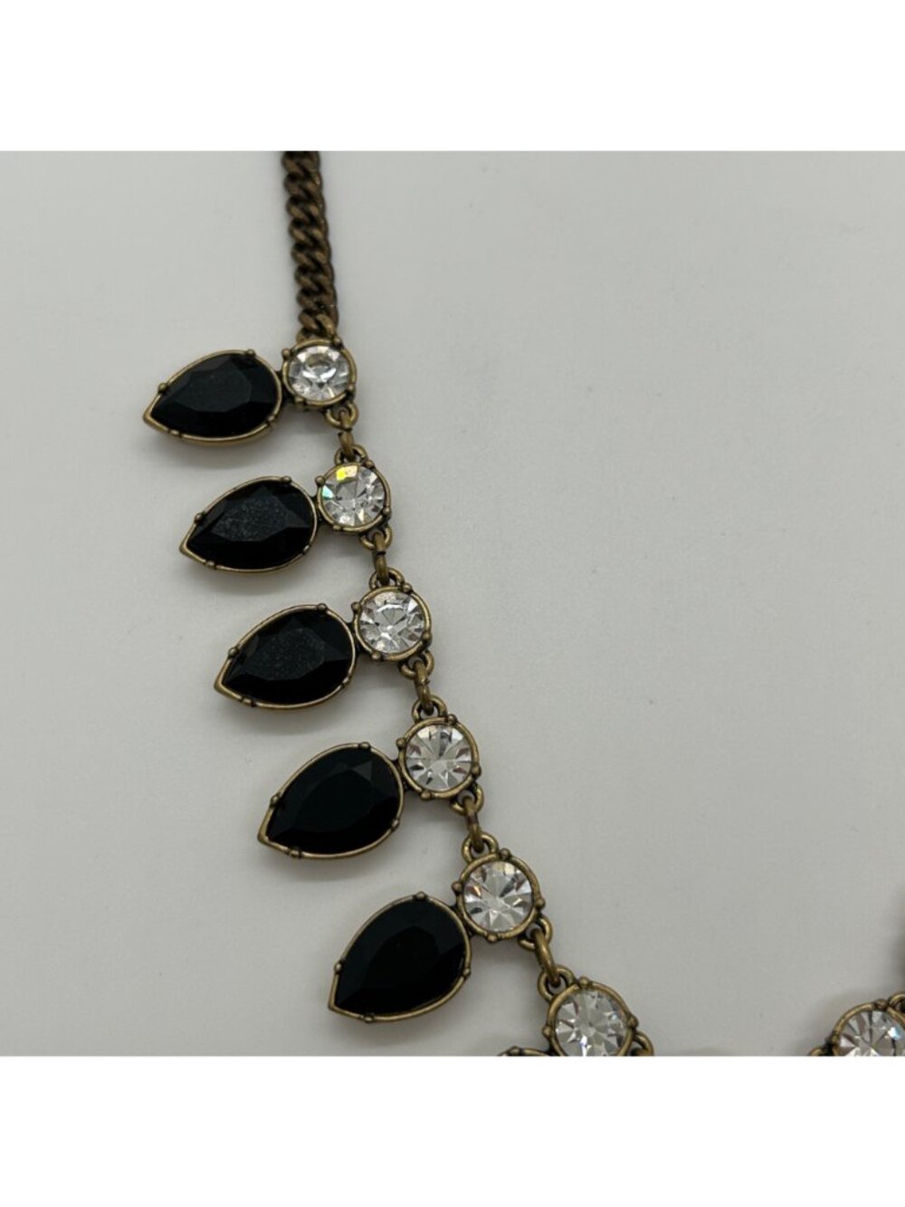 J.Crew Moody Black Necklace Teardrop Rhinestone Statement Antique Gold Bib - Picture 3 of 9